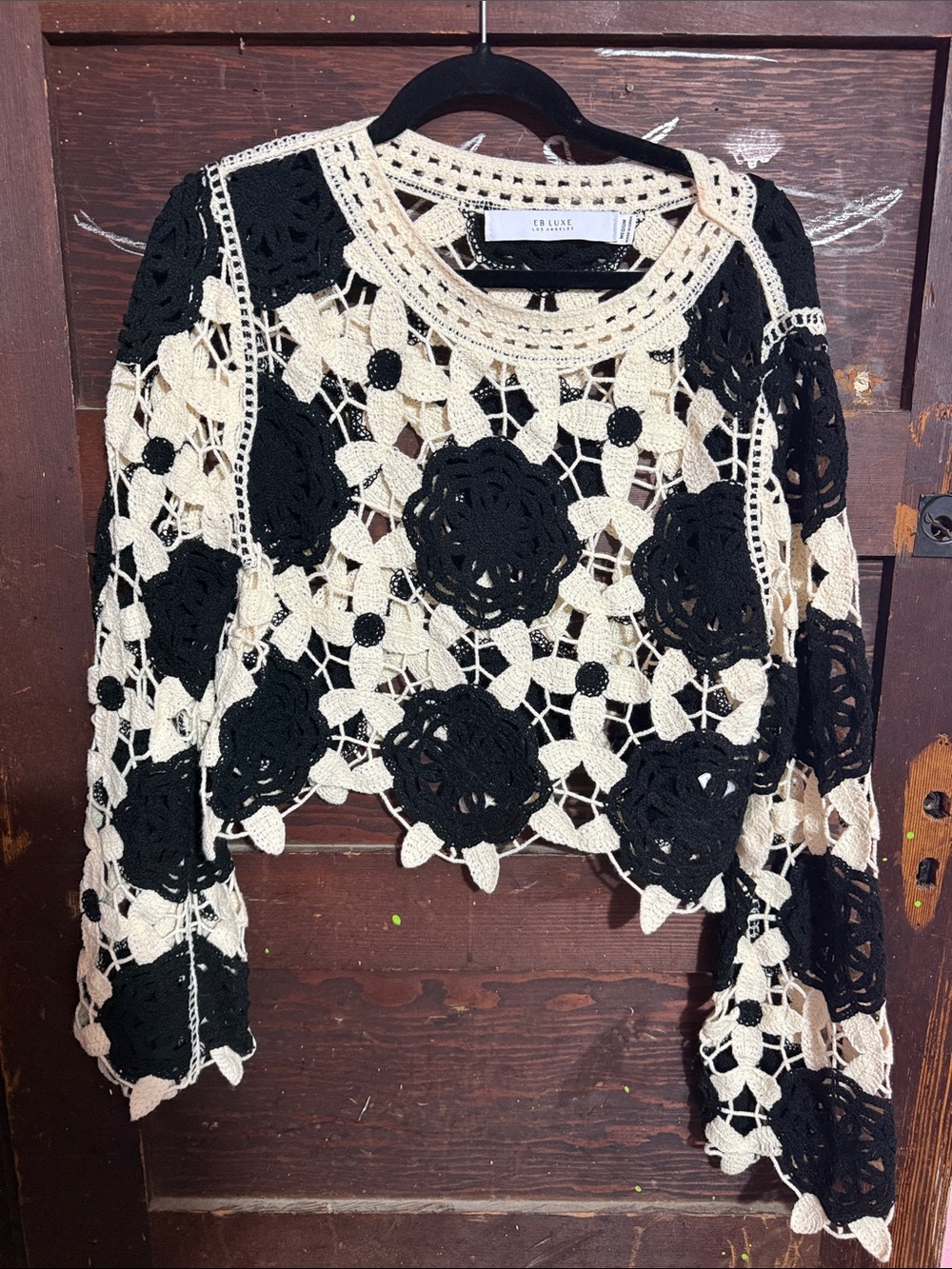 Laila Row Black & Cream Crochet Floral Cropped Pullover